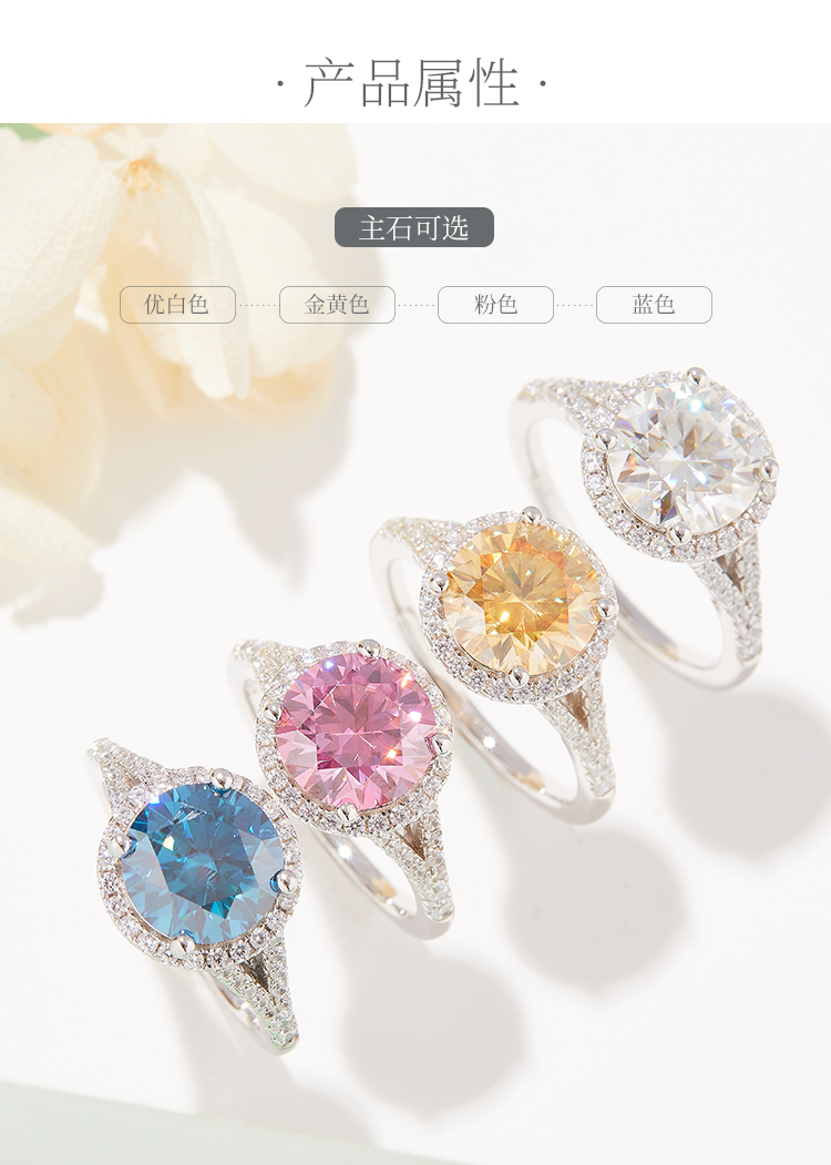 双臂圆包S925银镀白金莫桑钻女戒3.0克拉D级 - 2